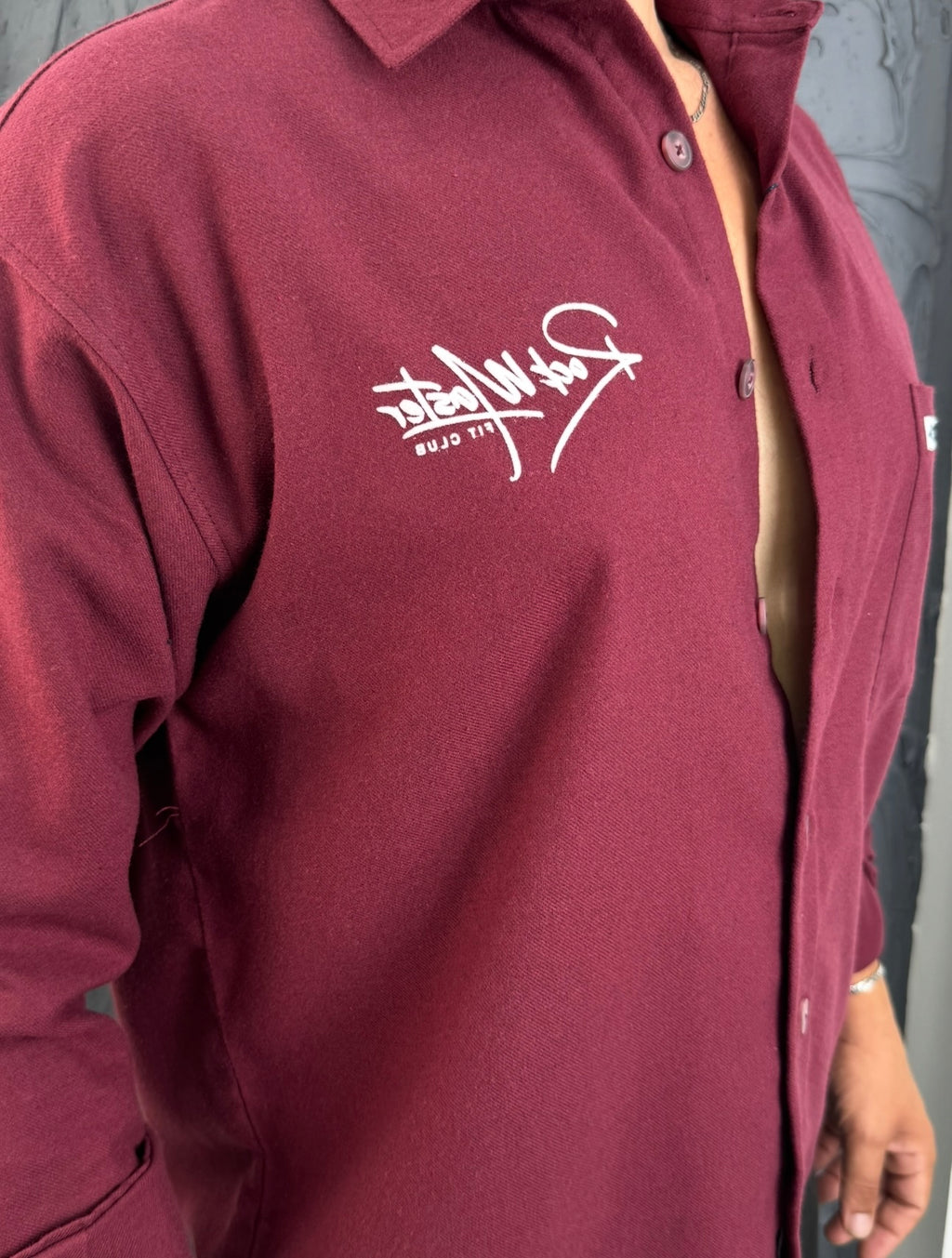 Cepli Ve Nakışlı Crop Kesim Kaşe Gömlek Bordo Mk63