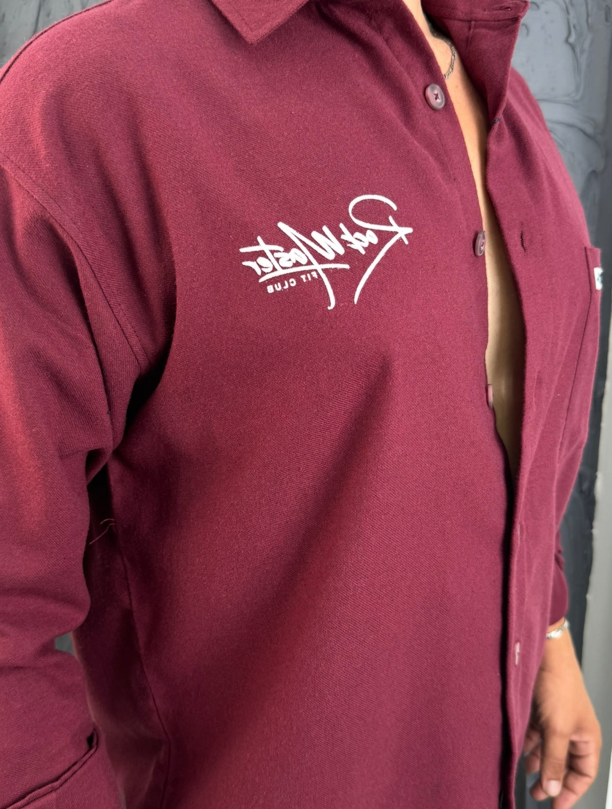 Cepli Ve Nakışlı Crop Kesim Kaşe Gömlek Bordo Mk63