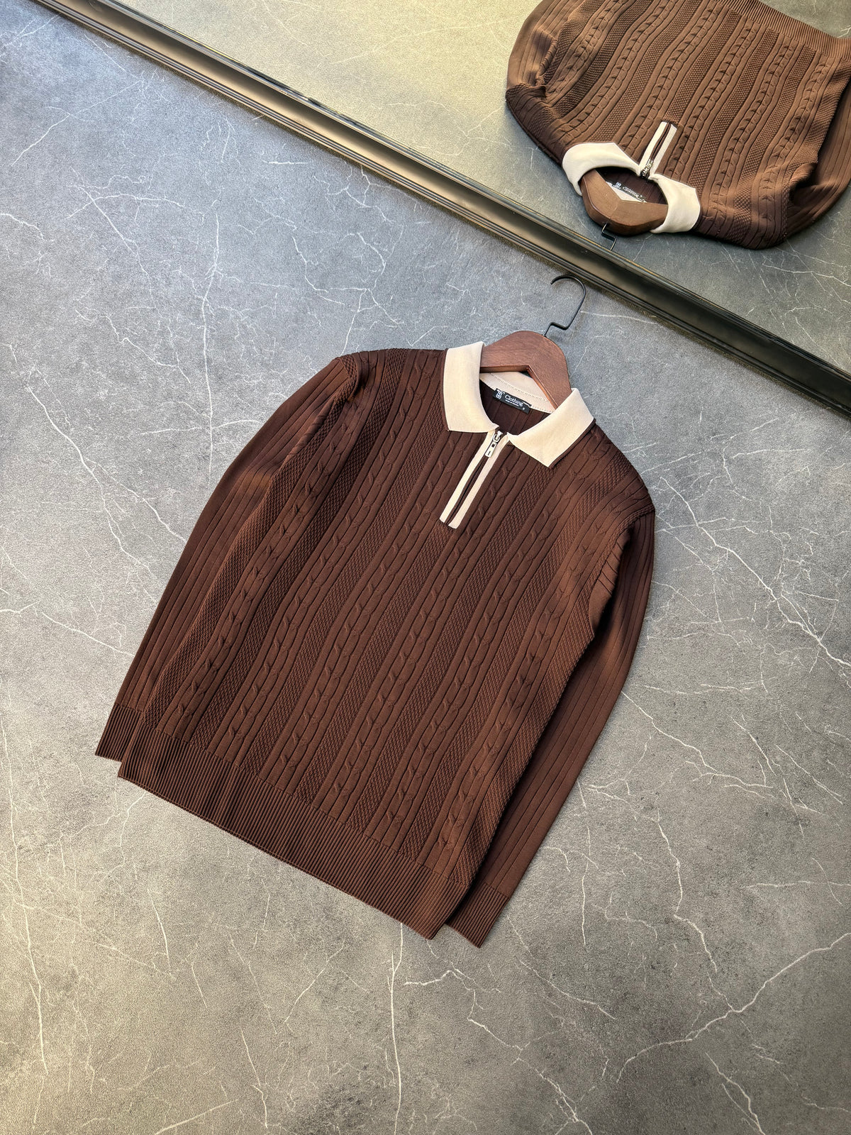 Fermuarlı Polo Yaka Triko Kahve 155