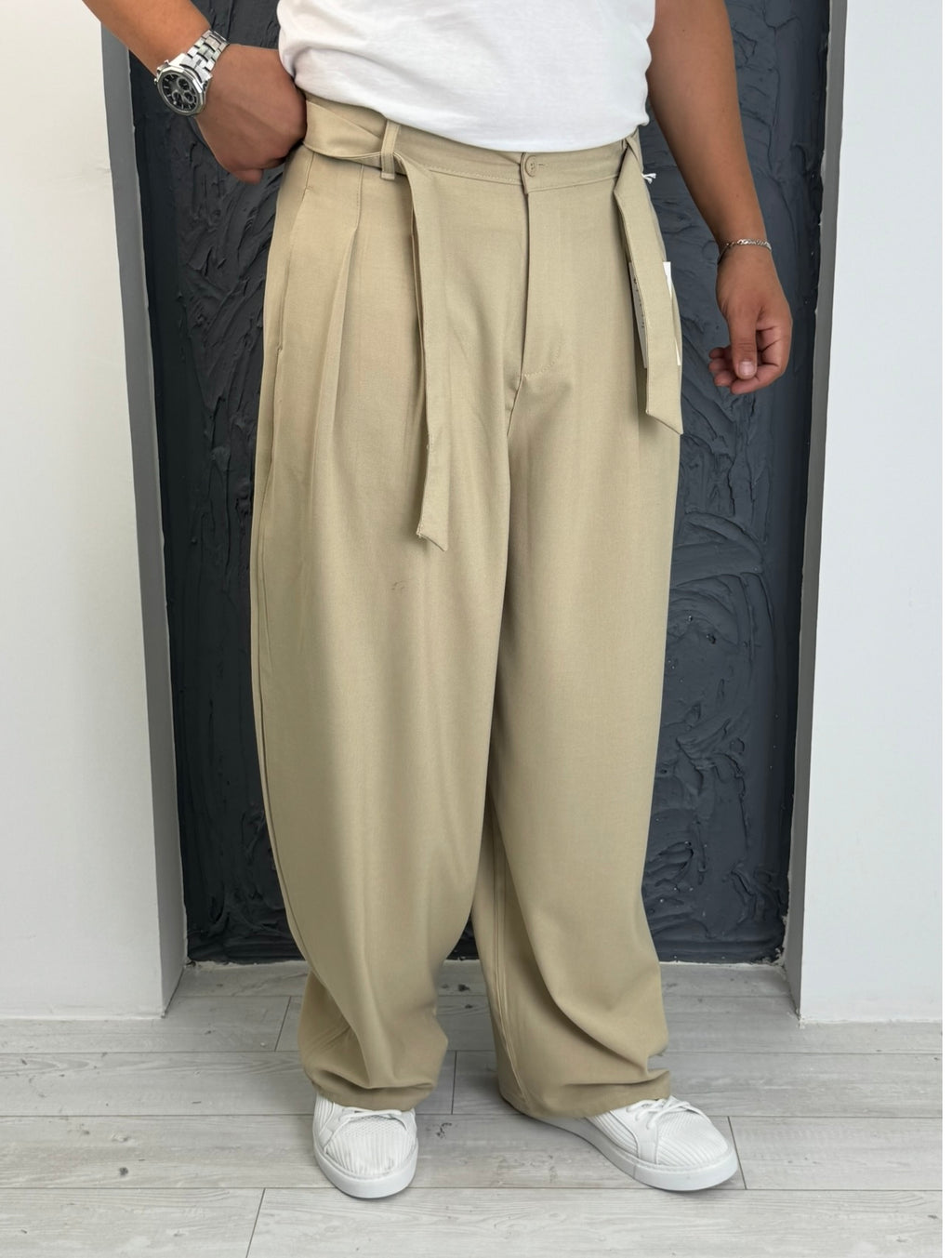 Kore Kesim Kuşaklı Balon Pantolon Krem Mk55