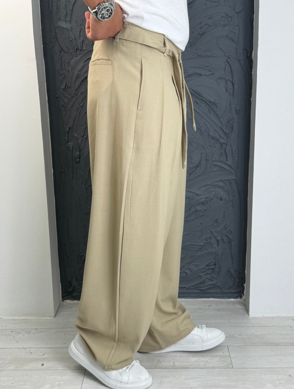 Kore Kesim Kuşaklı Balon Pantolon Krem Mk55