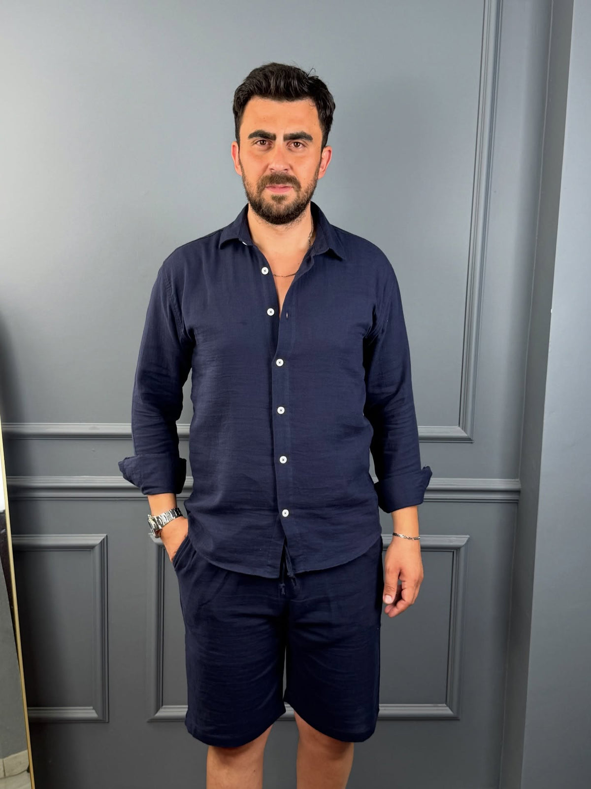 MÜSLİN KUMAŞ ŞORTLU TAKIM LACİVERT MK113