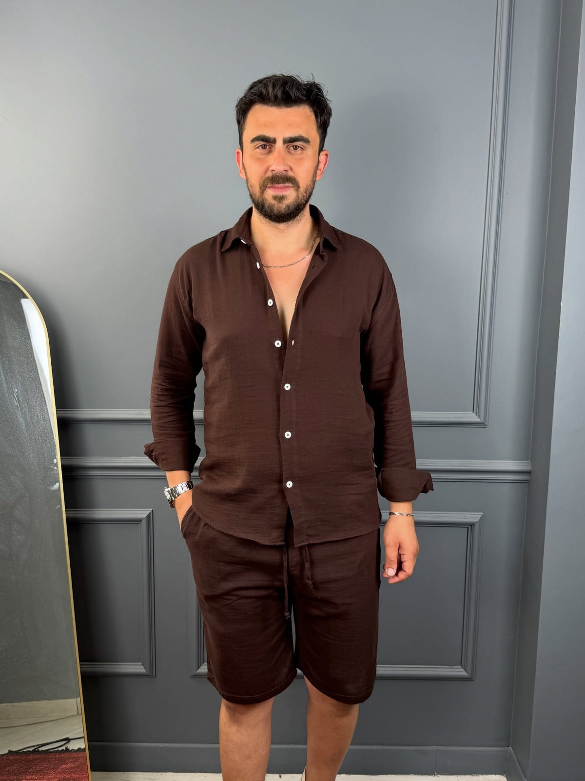 MÜSLİN KUMAŞ ŞORTLU TAKIM KAHVERENGİ MK114